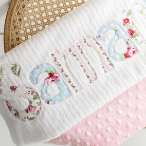 Monogrammed Baby Blanket in WIND, Pink Dot Minky and White Chenille, Personalized with Your Baby Girl&#39;s First Name in Cottage Chic