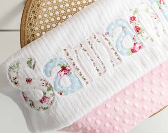 Monogrammed Baby Blanket in WIND, Pink Dot Minky and White Chenille, Personalized with Your Baby Girl's First Name in Cottage Chic