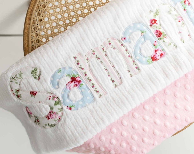 Monogrammed Baby Blanket in WIND, Pink Dot Minky and White Chenille, Personalized with Your Baby Girl's First Name in Cottage Chic