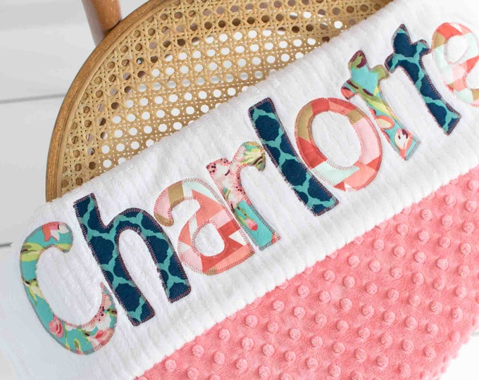 Monogrammed Baby Blanket in ACANTHUS, CORAL Dot Minky and White Chenille, Personalized with Your Baby Girl's First Name in Floral | CUSTOM