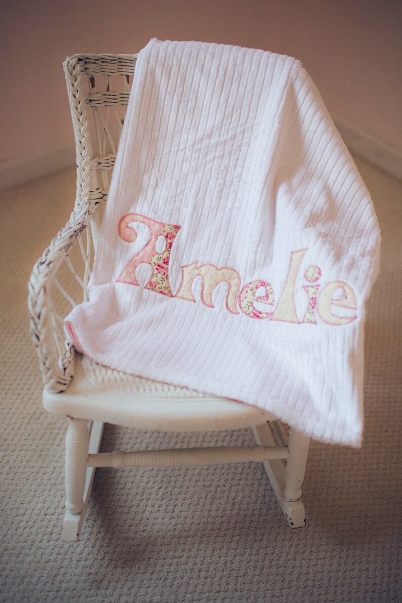 Pink Minky and White Chenille Personalized with Your Baby Girl/'s First Name in Vintage Florals Monogrammed Baby Blanket in SHABBY CHIC