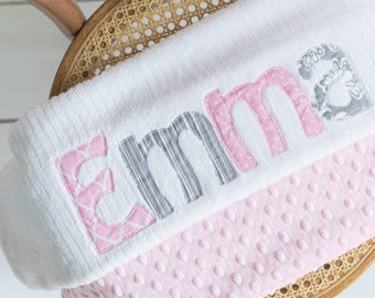 Monogrammed Baby Blanket in OVERCAST, Pink Dot Minky and White Chenille, Personalized with Your Baby Girl's First Name in Pink and Grey