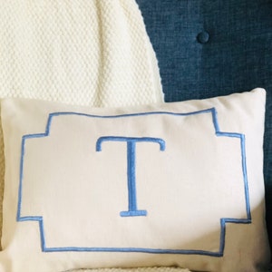 Monogrammed Blue and ivory Lumbar Pillow, Small Rectangle Lumbar Pillows, Personalized Monogram Throw Pillow Cover 12x 18 image 2