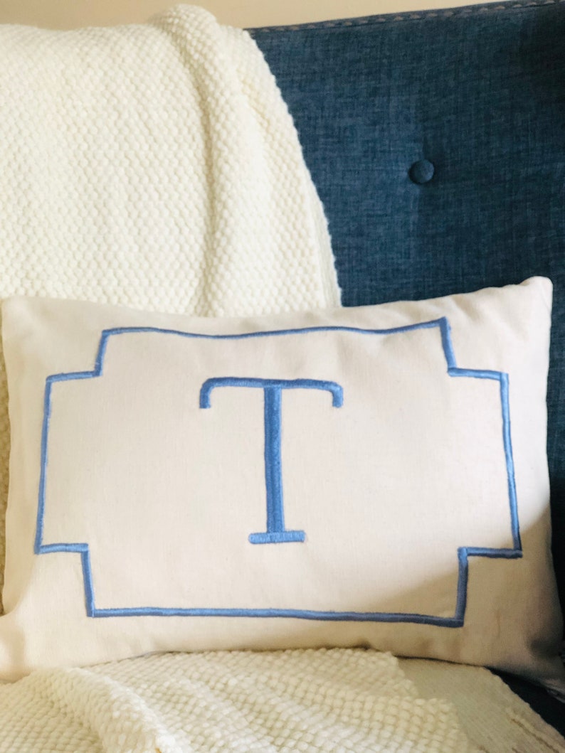 Monogrammed Blue and ivory Lumbar Pillow, Small Rectangle Lumbar Pillows, Personalized Monogram Throw Pillow Cover 12x 18 image 2