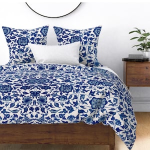 Vintage White Blue Pattern Flowers Cotton Bedding Set Duvet Cover, Pillow Shams