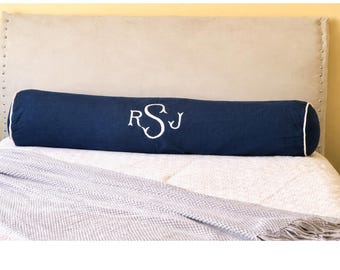 Monogram Neckroll Pillow, White Bolster Pillowcover, Personalized baby Gifts