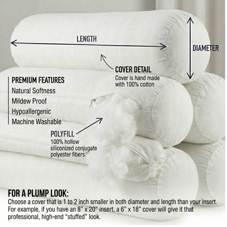 May include: White cylindrical pillows stacked, showcasing features like natural softness, mildew proofing, and hypoallergenic properties. The cover is made with 100% cotton, and the fill is 100% hollow siliconized conjugate polyester fibers.