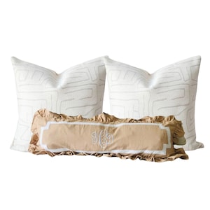 Long Monogrammed Pillows, Monogrammed Ruffle Beige Bed Decor