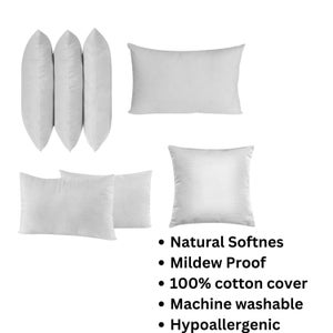 May include: Set of white cotton pillow inserts. The pillows are soft, mildew proof, machine washable, and hypoallergenic.