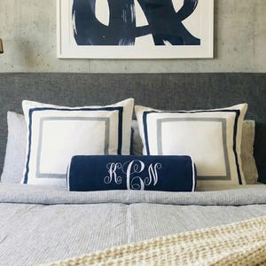 Navy Blue Monogram Bolster Pillow Cover, Custom Embroidered Neck Roll