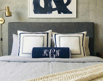 Navy Blue Monogram Bolster Pillow Cover, Custom Embroidered Neck Roll