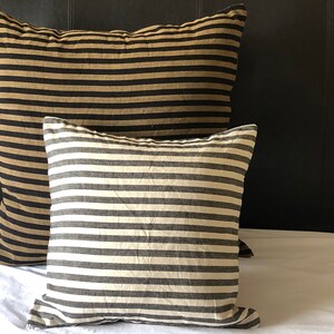 May include: Two striped throw pillows, one with black and tan stripes and one with black and white stripes, on a white bed.