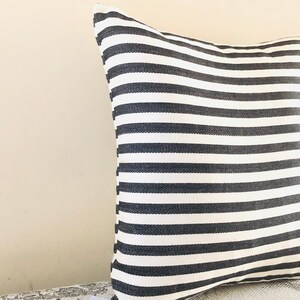 May include: A black and white striped throw pillow with a soft, textured fabric.