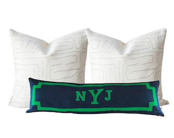 Monogram Lumbar Pillow Cover, Handwoven Cotton Applique Personalized Bed Pillow