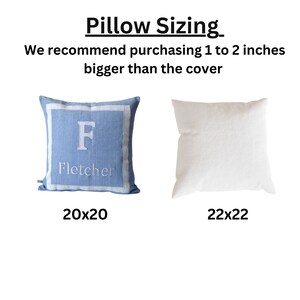 May include: Two pillow covers, one blue with white lettering that says "F Fletcher" and one white. The blue pillow cover is 20x20 inches and the white pillow cover is 22x22 inches. The text "Pillow Sizing" is at the top of the image. The text "We recommend purchasing 1 to 2 inches bigger than the cover" is below the image of the pillows.