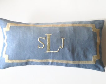 Blue Long Lumbar Monogram Pillow Personalized Baby Gift, Coastal Farmhouse Bedding