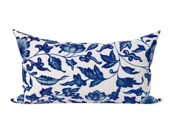 Blue Lumbar Floral Pillow, Designer Blue and White Floral Pillow, Modern Floral Throw Pillow Cover