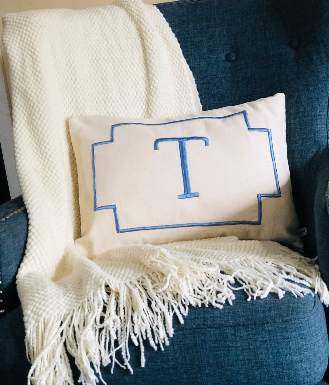 Monogrammed Blue and Ivory Lumbar Pillow, Small Rectangle Lumbar