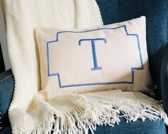 Monogrammed Blue and ivory Lumbar Pillow, Small Rectangle Lumbar Pillows, Personalized Monogram Throw Pillow Cover 12"x 18"