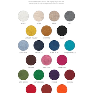 May include: A chart showing 18 different fabric colors, including white, ivory, beige, grey, lemon yellow, mustard, black, baby blue, navy blue, royal blue, turquoise blue, brown, baby pink, dark pink, lime green, bottle green, purple, maroon, red, rust, and orange.