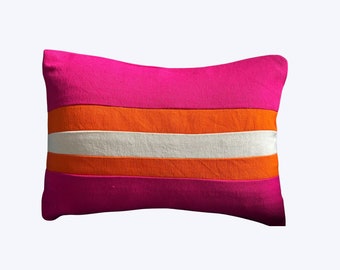 Colorful Stripe Pillows, Modern Orange Boho Throw Pillow, Lumbar Designer Pink Decorative Pillows by Snazzy living