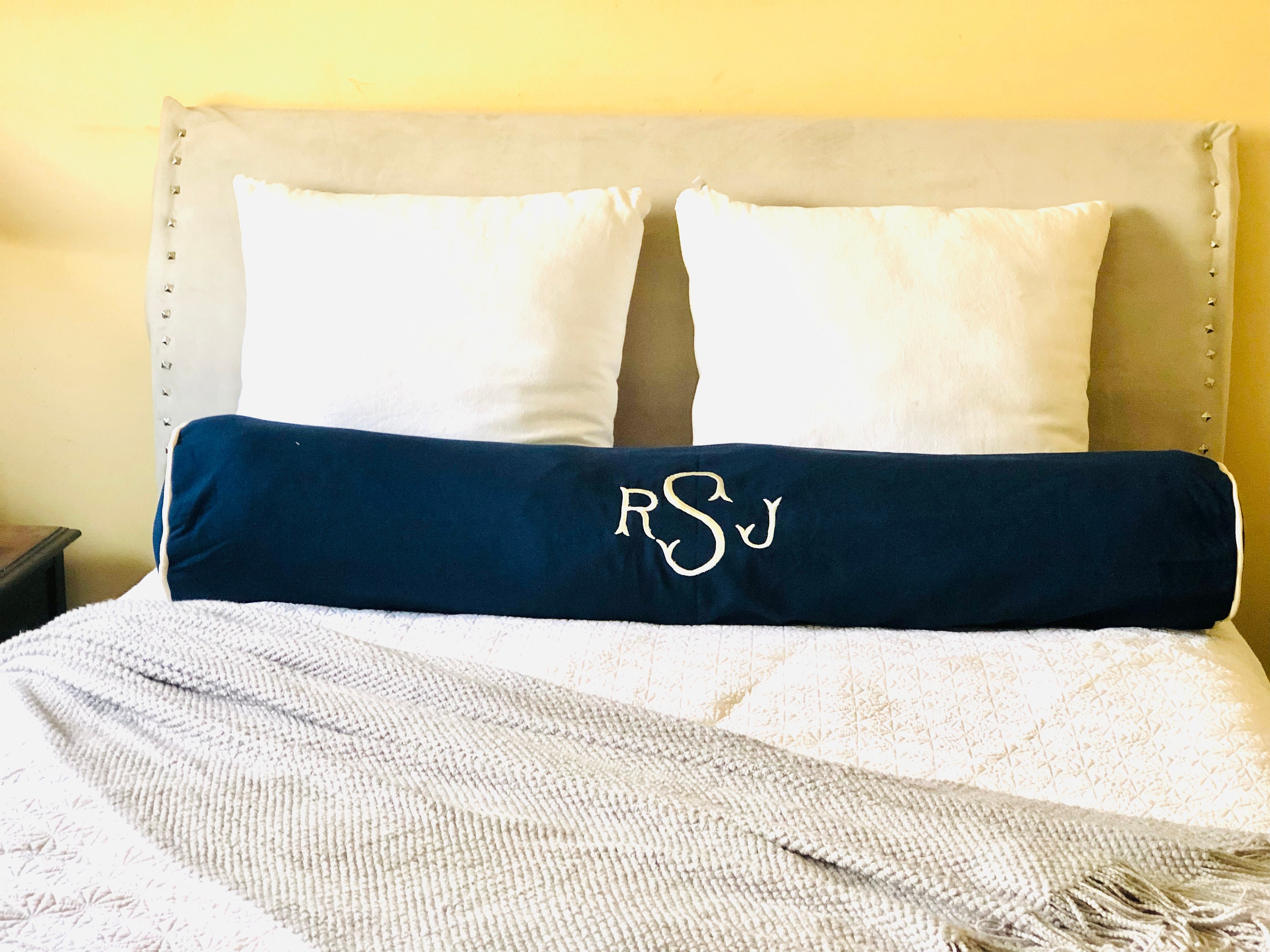 Monogram Neckroll Pillow White Bolster Pillowcover Etsy