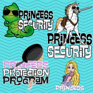 May include: A digital illustration of a green chameleon wearing sunglasses, a white horse wearing sunglasses, a frying pan, and a blonde woman with a crown. The text "Princess Security" appears twice and "Princess Protection Program" appears once.