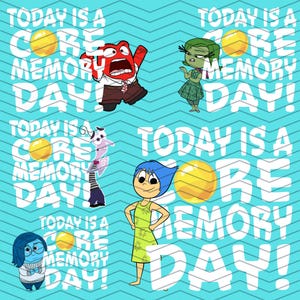 Może przedstawiać: Cyfrowa ilustracja przedstawiająca postacie z filmu W głowie się nie mieści. Postacie to Radość, Smutek, Gniew, Strach i Wstręt. Tekst "Today is a Core Memory Day!" powtarza się na całym obrazie.