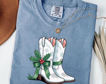Comfort Colors Cowboy Christmas T-Shirt: Cowgirl Boots Holiday Tee