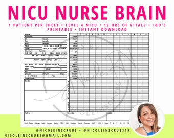 Enfermera de NICU, cerebro, hoja de informe, cerebro de enfermera, hoja de informe de enfermera, cerebro de nicu, hoja de informe de nicu, informe de NICU de 1 paciente