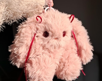 Handmade Pale Pink Fluffy Bunny Plush: Kawaii Big Bag Charm With Ribbons