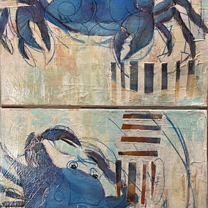 May include: Two-panel artwork featuring blue crabs. The crabs are painted in shades of blue with black accents, set against a textured, off-white background with hints of peach and blue. Abstract lines and shapes add to the artistic style.