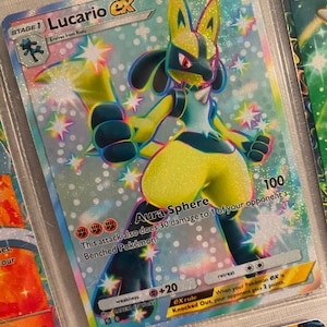 Carta Pokémon proxy de alta calidad de Lucario, ex shiny pocket app tcg, personalizada, alternativa, con arte completo, genética, ápice, luz triunfante, jolgorio brillante.