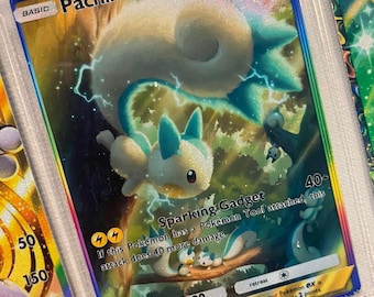 May include: A Pokémon trading card featuring Pachirisu EX. The card has a colorful design with a blue and white creature, lightning effects, and text that reads "Sparking Gadget". The card is part of a collection.