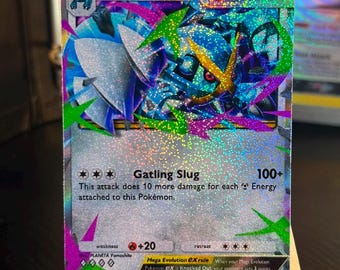 Könnte beinhalten: Eine holografische Mega Metagross EX Sammelkarte mit 230 KP. Die Karte zeigt eine blaue Roboter-Kreatur, den Text Gatling Slug und eine Schadensanzeige von 100+. Sie zeigt eine Stufe 2 Entwicklung, eine Schwäche von +20 und Rückzugskosten von drei Sternen.