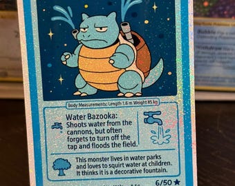 May include: A holographic trading card featuring "Splashstoise," a blue turtle-like creature with water cannons. The card has a blue border and text including "HP 120" and "Water Bazooka." The card measures 1.6 m in length and weighs 85 kg.