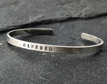 Personalized Mother's Day gift from daughter, stamped bracelet, sterling silver skinny cuff, word of the year bracelet inspiring mantra