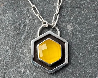 Yellow Onyx and Sterling Silver Necklace: Hexagon Honeycomb Gemstone, Unique Mother's Day Gift for Her