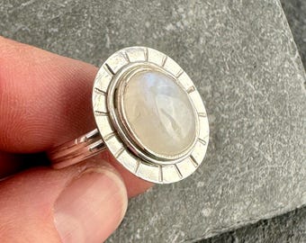 Sterling Silver and Rainbow Moonstone Ring - Size 10 - Unique Mother's Day Gift for Her