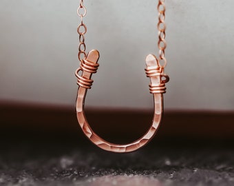 Rose Gold Filled Horseshoe Necklace: Hammered Good Luck Charm, Unique Mother's Day Gift for Her