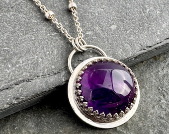 Round Amethyst and Sterling Silver Pendant Necklace - Unique Mother's Day Gift for Her