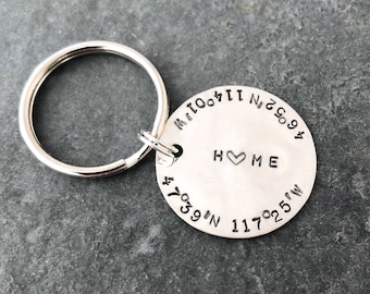 Custom location keychain, Unique Gift for him, sterling silver stamped key fob, latitude & longitude keychain, gift for him