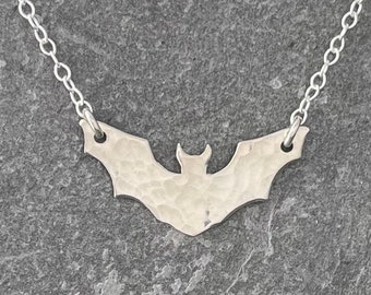 Hammered Sterling Silver Bat Necklace - Spooky Halloween Jewelry
