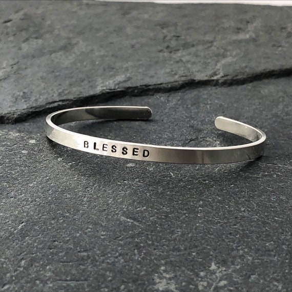 Personalized Mother's Day gift from daughter, stamped bracelet, sterling silver skinny cuff, word of the year bracelet inspiring mantra