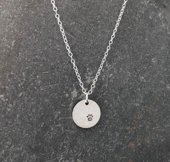 Sterling Silver Paw Print Hammered Disc Necklace