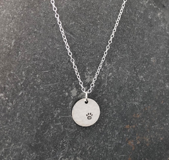 Sterling Silver Paw Print Hammered Disc Necklace