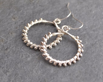 Wire-Wrapped hoop earrings for women, Hammered hoops, everyday sterling silver earrings, simple silver hoop earrings, teenage girl gift idea