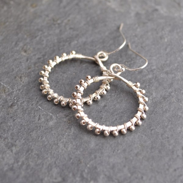 Wire-Wrapped hoop earrings for women, Hammered hoops, everyday sterling silver earrings, simple silver hoop earrings, teenage girl gift idea