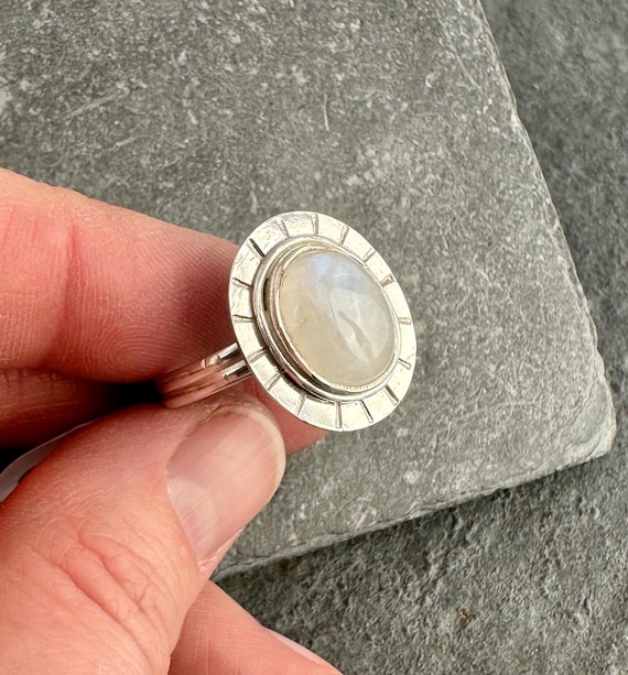 Sterling Silver and Rainbow Moonstone Ring - Size 10