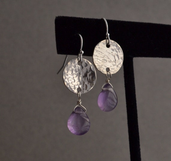 Sterling Silver Disc and Amethyst Earrings